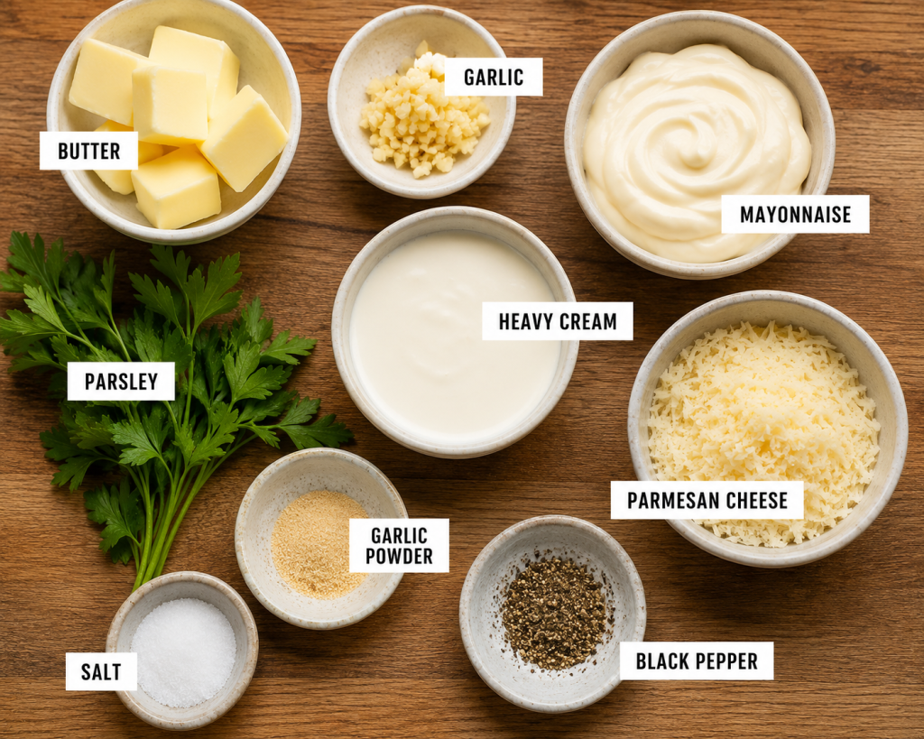 Ingredients for homemade copycat garlic dipping sauce including butter, garlic, parmesan cheese, cream, parsley, and seasonings.