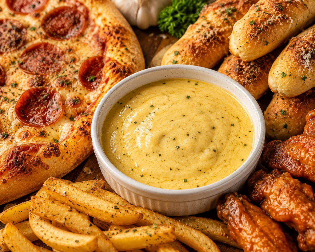 Creamy homemade garlic dipping sauce served with pizza, breadsticks, fries, and chicken wings on a wooden table.