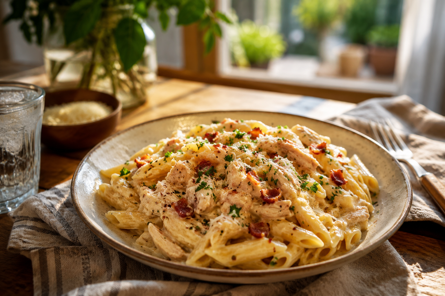 Creamy garlic parmesan chicken pasta served on a plate with crispy bacon, parmesan cheese, and parsley in warm afternoon light.