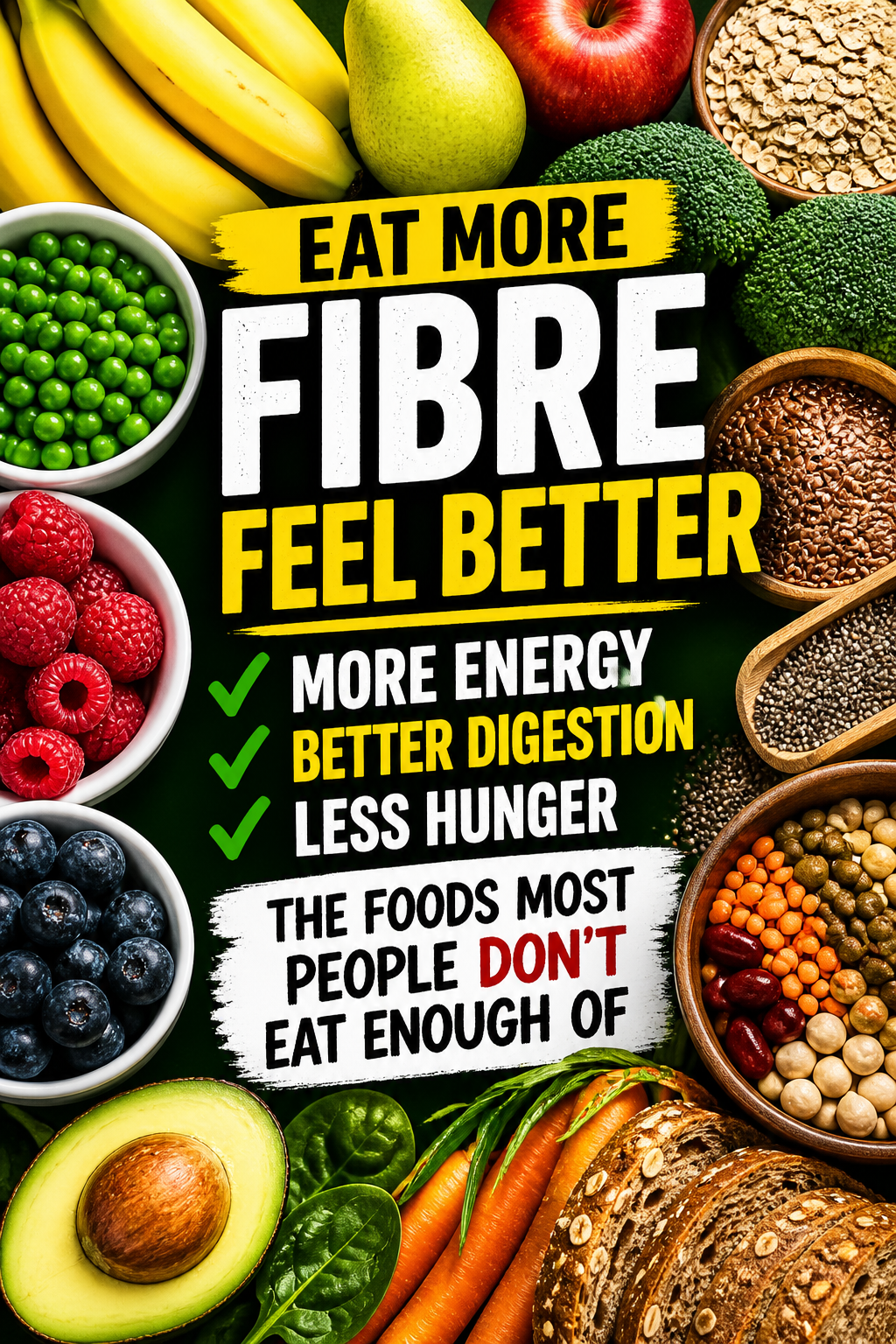 fibre-rich foods including oats, berries, avocado, beans and seeds showing benefits like better digestion and energy
