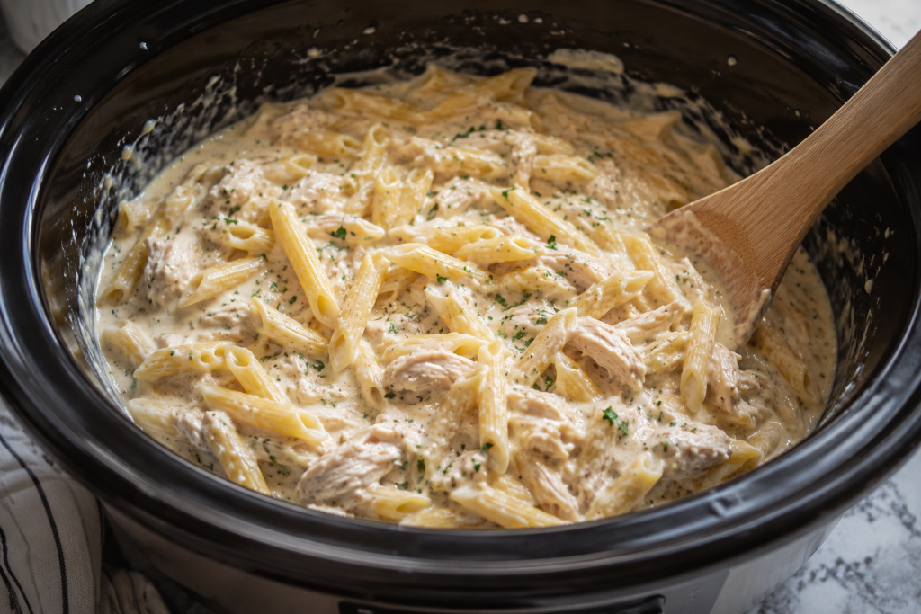 Creamy garlic parmesan chicken pasta cooking in a slow cooker with penne pasta and shredded chicken in rich cheesy sauce.