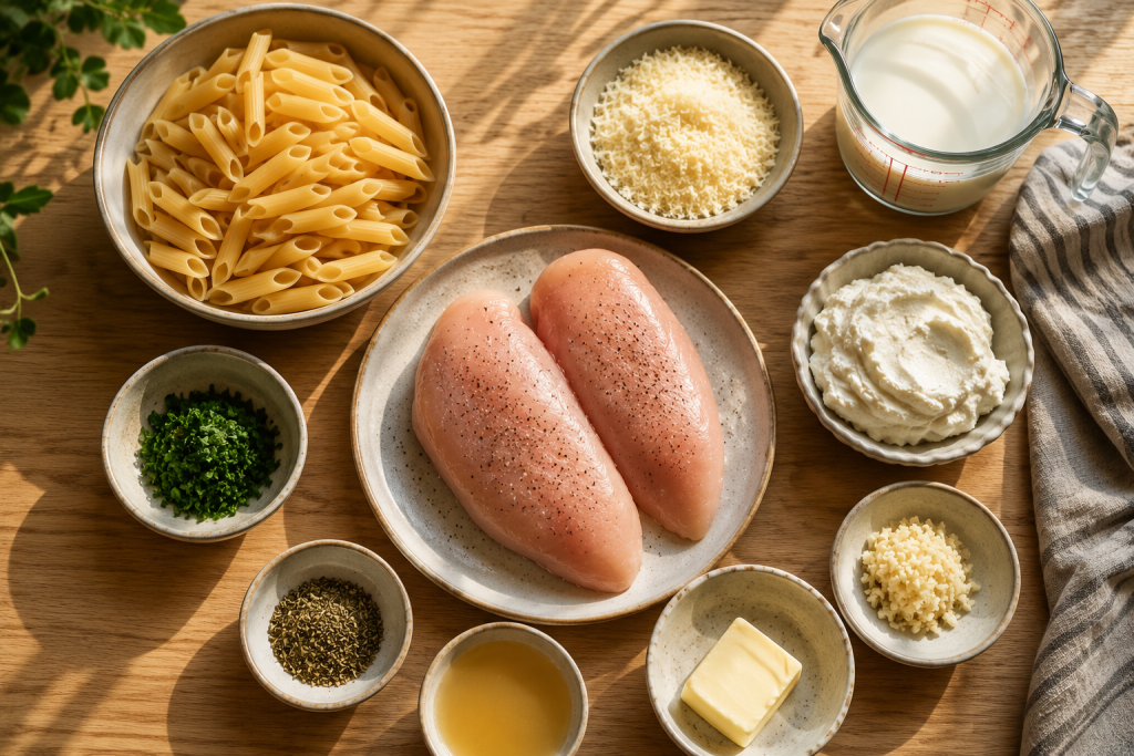Ingredients for creamy garlic parmesan chicken pasta including chicken breasts, penne pasta, parmesan cheese, cream cheese, broth, garlic, and herbs.