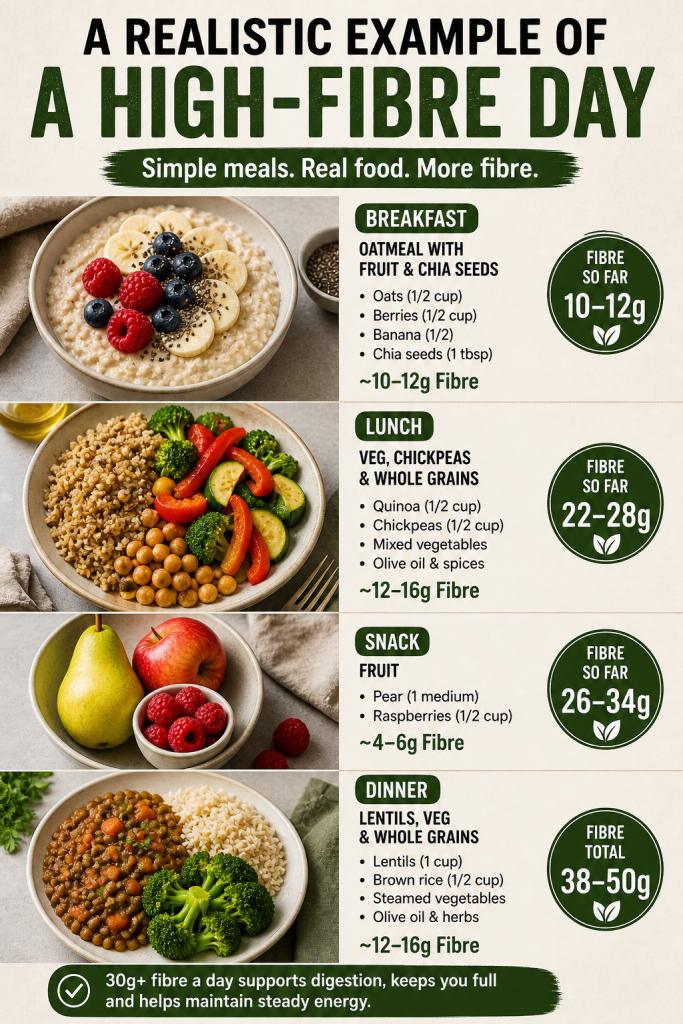 example of a high fibre day including oatmeal with fruit, grain bowl with vegetables, fruit snack and lentil dinner with fibre amounts