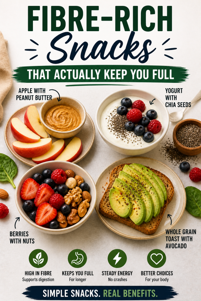 high fibre snacks including apple with peanut butter, yogurt with chia seeds, berries with nuts and avocado toast