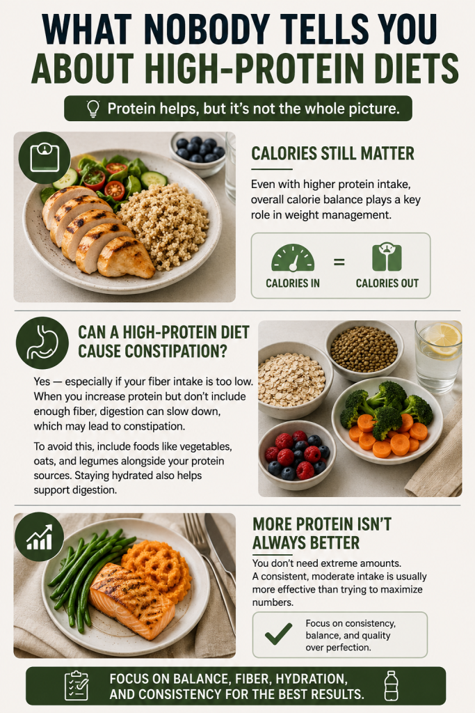 high protein diet mistakes infographic showing calories fiber intake and consistency for better results