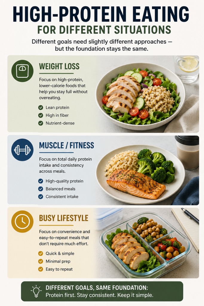 high protein eating for different situations including weight loss muscle building and busy lifestyle meal examples