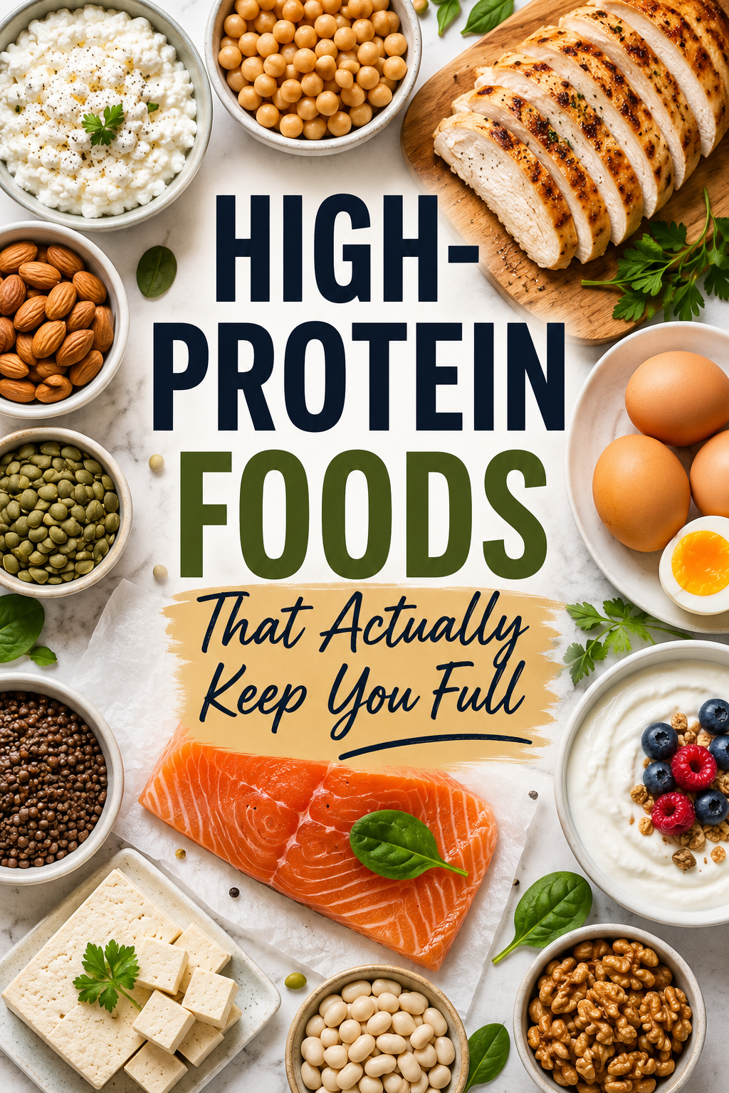 high protein foods list including chicken eggs yogurt salmon beans and nuts to stay full longer