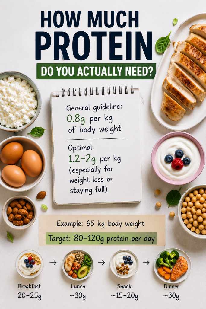 how much protein per day infographic showing protein intake per kg and example daily meal plan