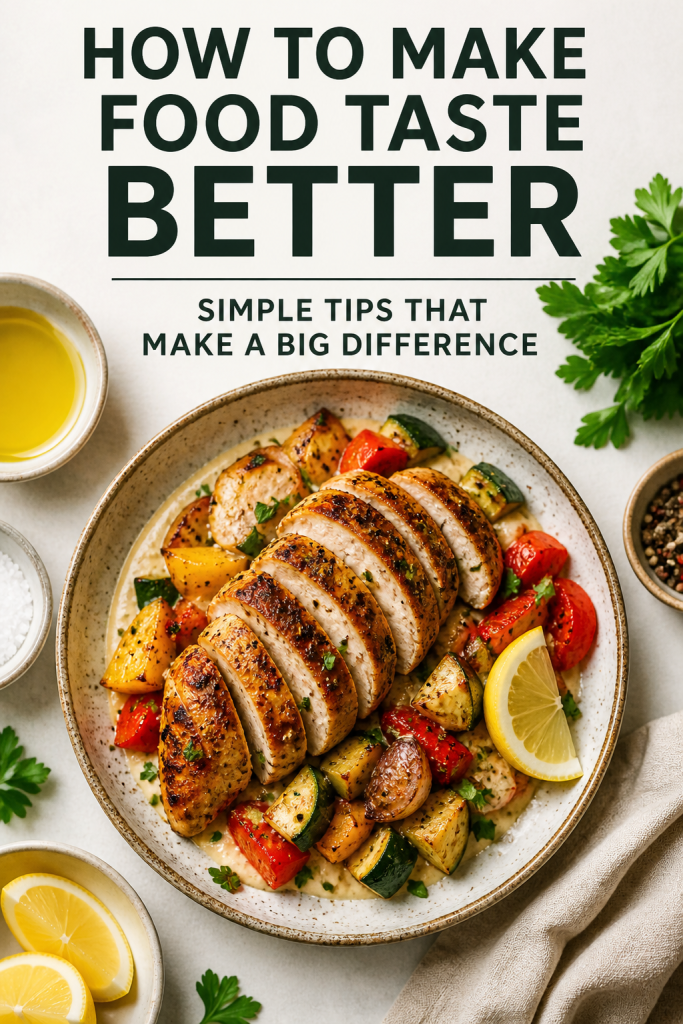 How to make food taste better with simple cooking tips showing seasoned chicken, vegetables and fresh ingredients