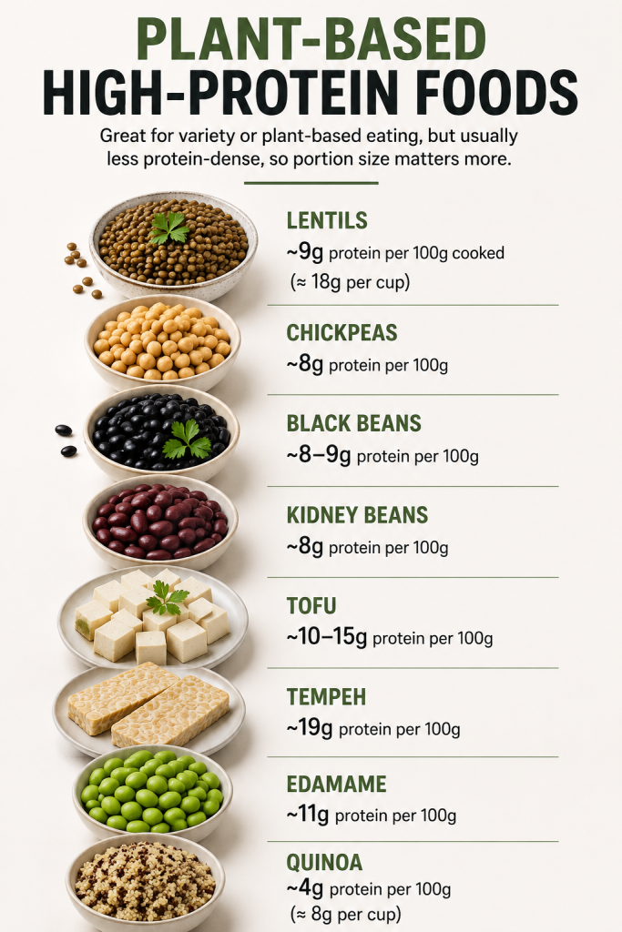 plant based high protein foods list including lentils chickpeas tofu tempeh beans and quinoa with protein content per 100g