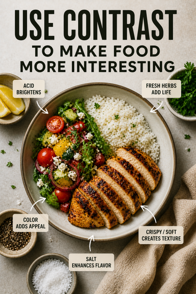 Using contrast in cooking with crispy chicken, fresh vegetables and rice to create better flavor and texture