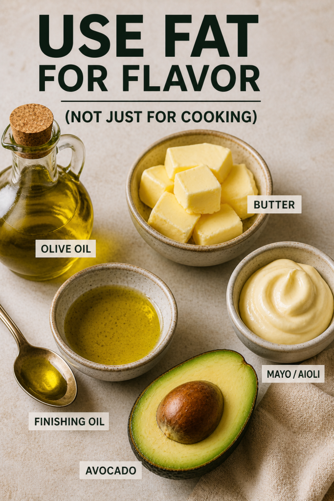 Using butter and olive oil to enhance flavor in cooking with a finished dish and ingredients