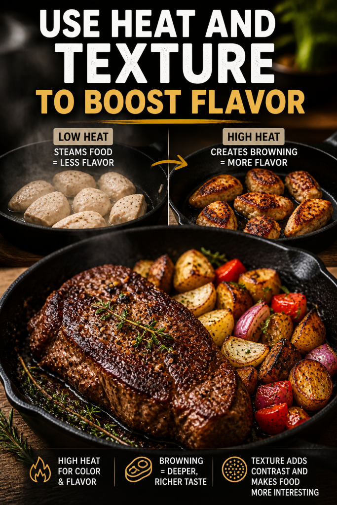 Using heat and texture to boost flavor showing seared meat, crispy vegetables and cooking comparison