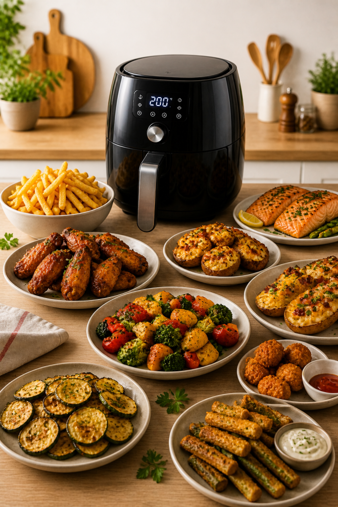 Air fryer food ideas including fries, chicken wings, roasted vegetables and snacks served on a table