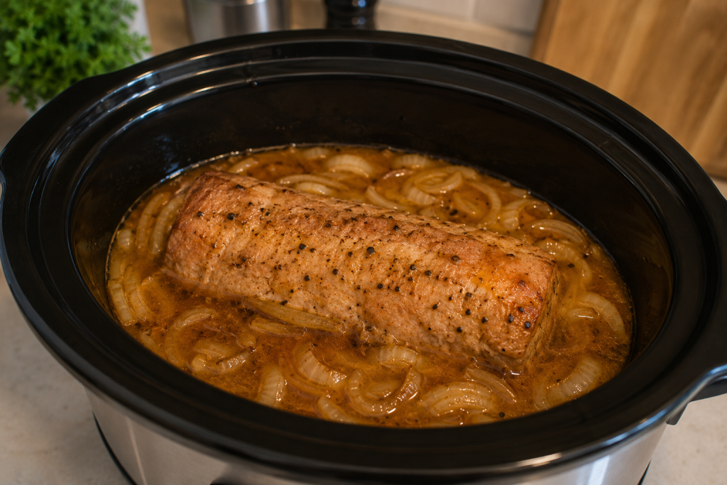 Seasoned pork loin cooking in a crock pot with sliced onions, herbs, and chicken broth for a tender slow cooker dinner.