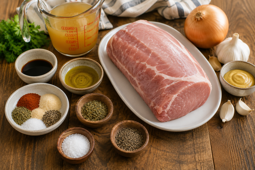 Ingredients for a pork loin in crock pot recipe including pork loin, chicken broth, onion, garlic, Dijon mustard, Worcestershire sauce, olive oil, and seasonings arranged on a wooden table.
