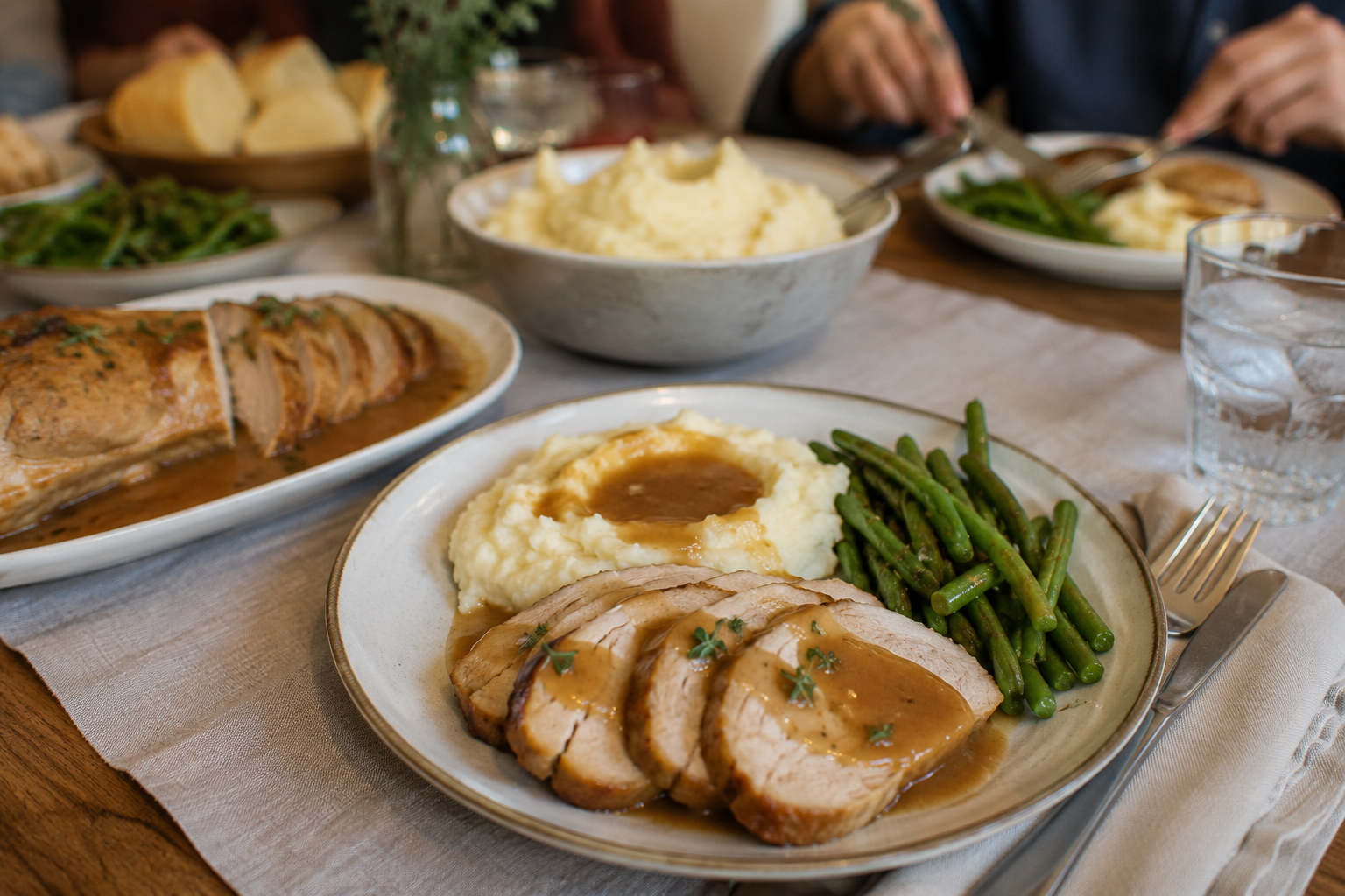 Juicy pork loin cooked in a crock pot and served with mashed potatoes, green beans, and homemade gravy during a cozy family dinner.