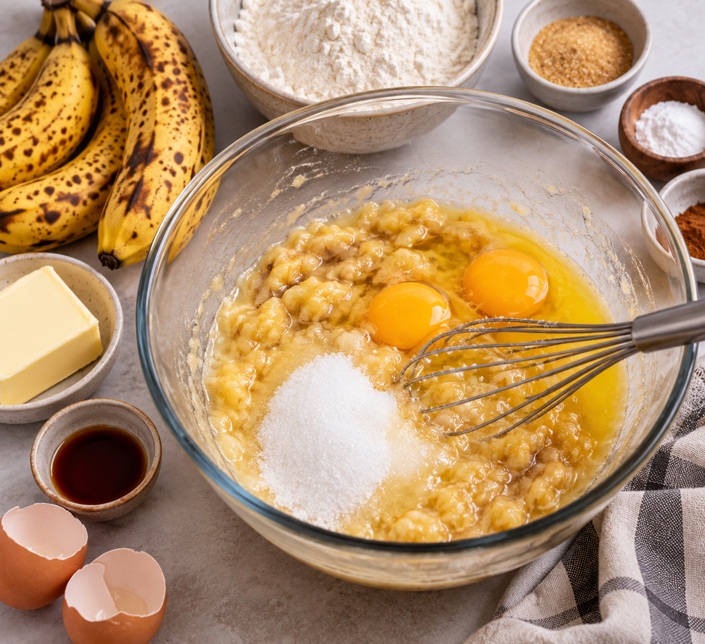 Mashed ripe bananas mixed with eggs and butter in a bowl for banana bread