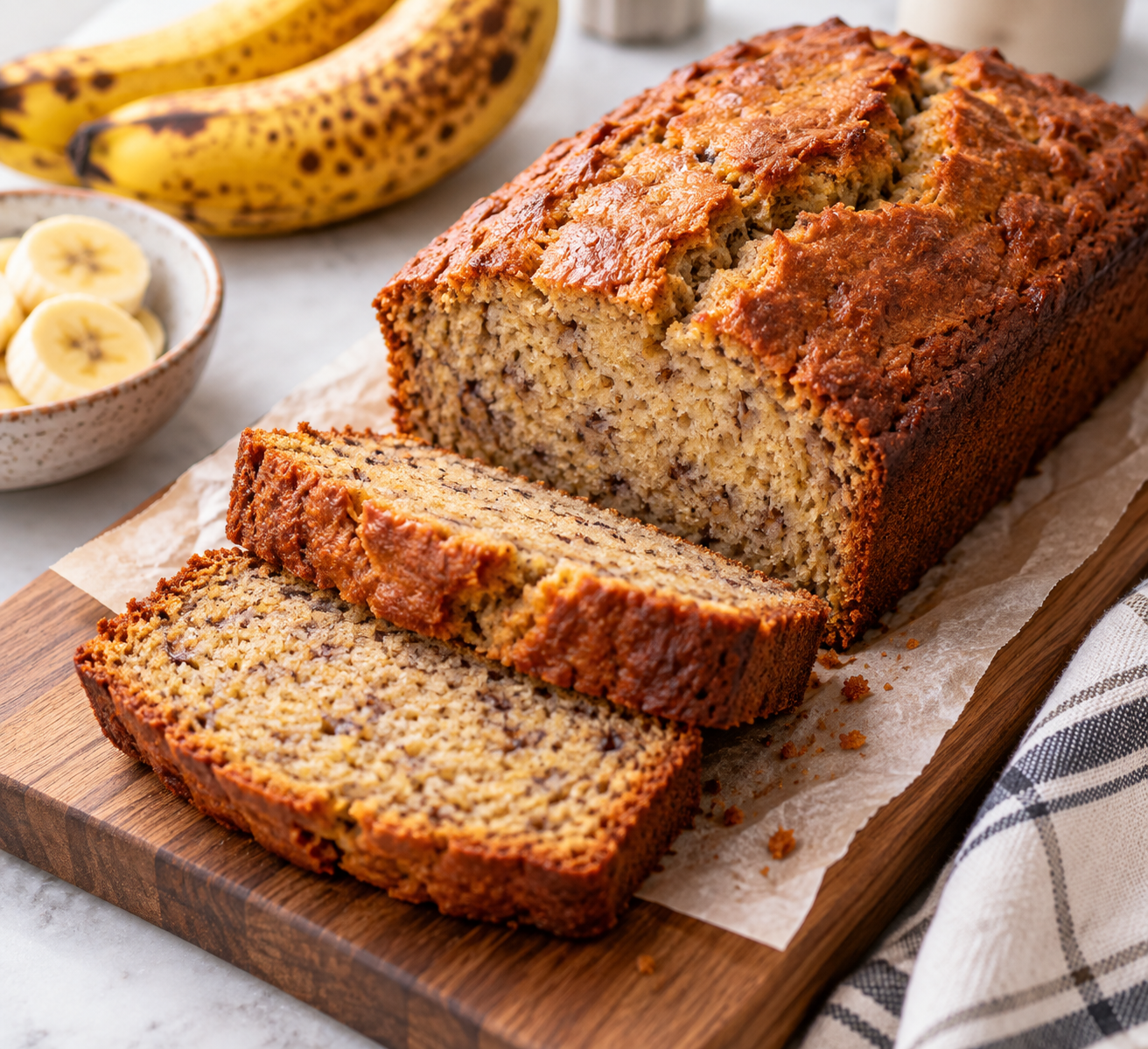 Sliced homemade banana bread made with ripe bananas on a wooden board