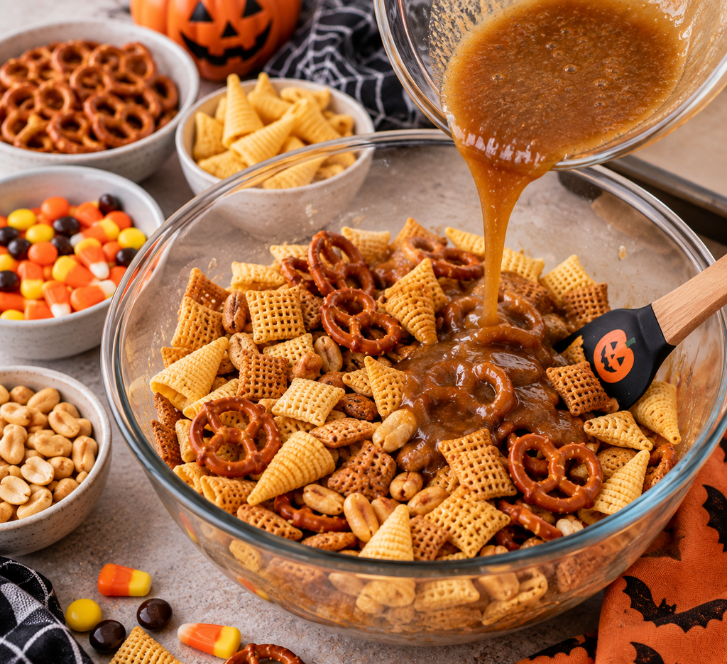 Preparing Halloween Chex Mix with cereal, pretzels, Bugles, peanuts, and buttery coating in a glass bowl