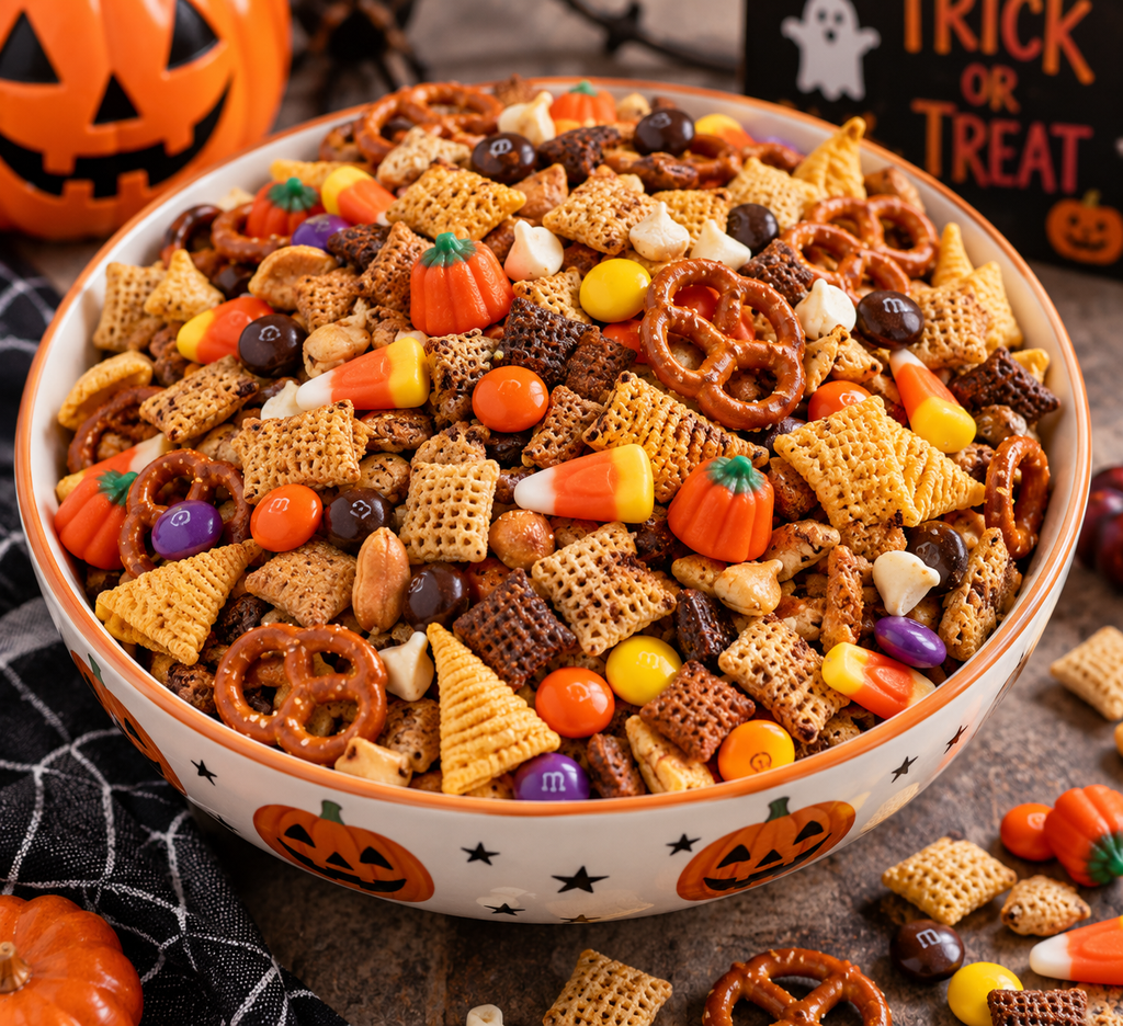 Homemade Halloween Chex Mix with cereal, pretzels, candy corn, chocolate candies, and pumpkin candies in a bowl
