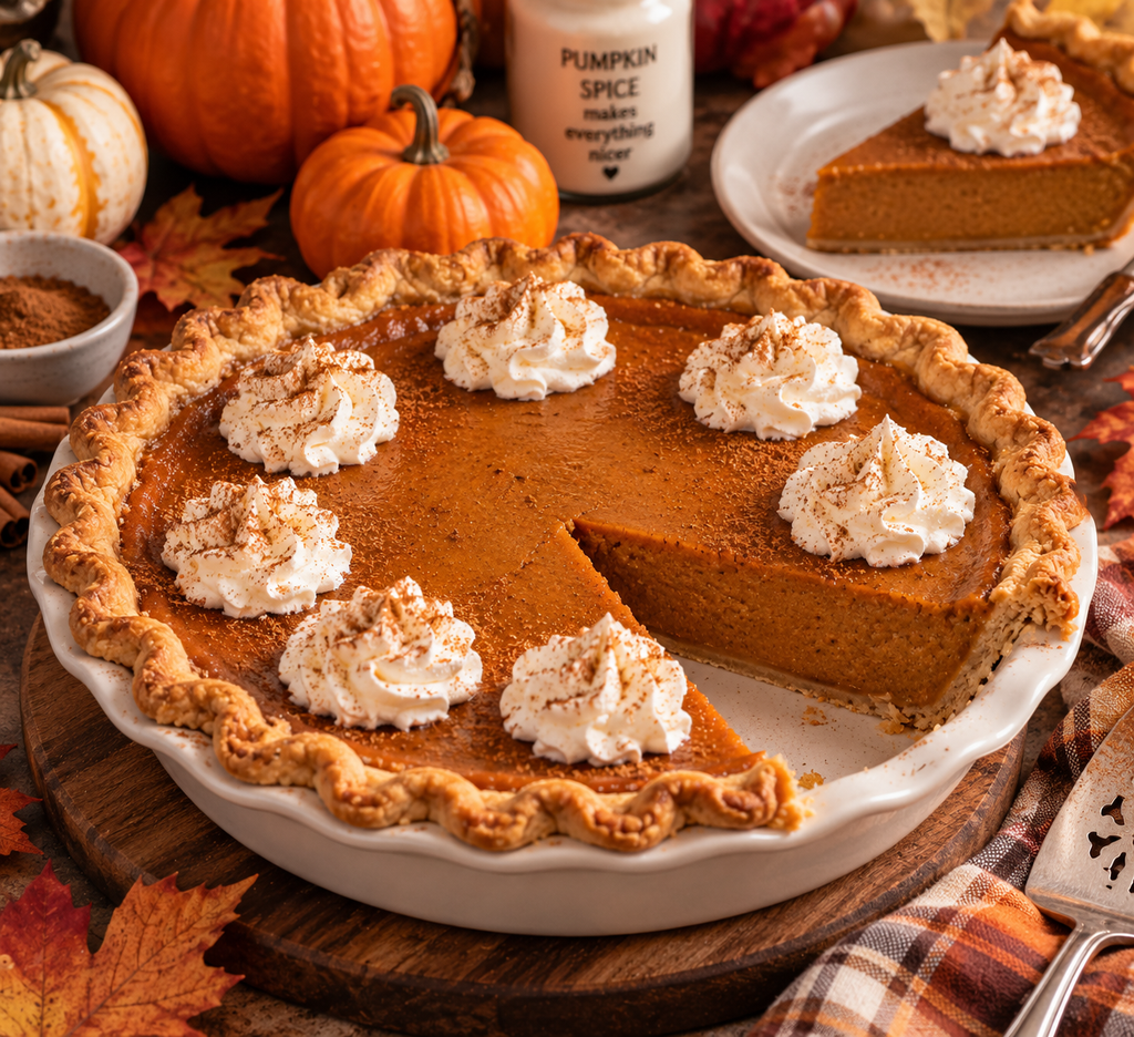 Homemade pumpkin pie with creamy spiced filling and whipped cream on a flaky crust