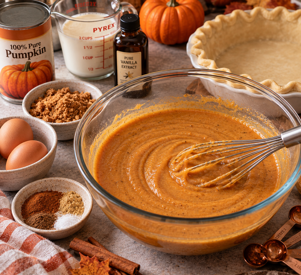 Pumpkin pie filling being whisked with pumpkin puree, eggs, milk, vanilla, and spices
